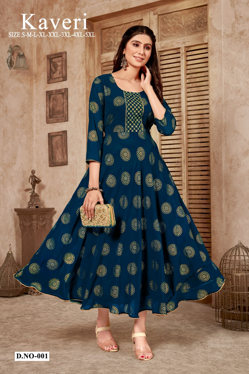 Mf Kaveri Georgette Foil Print Designer Long Flair Gowns For Woman