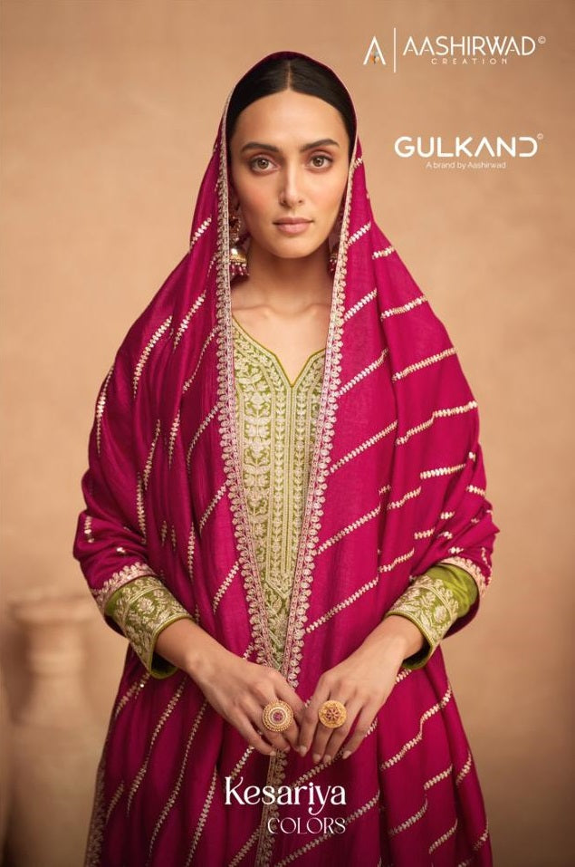 Aashirwad Creaton Kesariya Colors Silk Heavy Embroidery Work Fancy Partywear Salwar Kameez