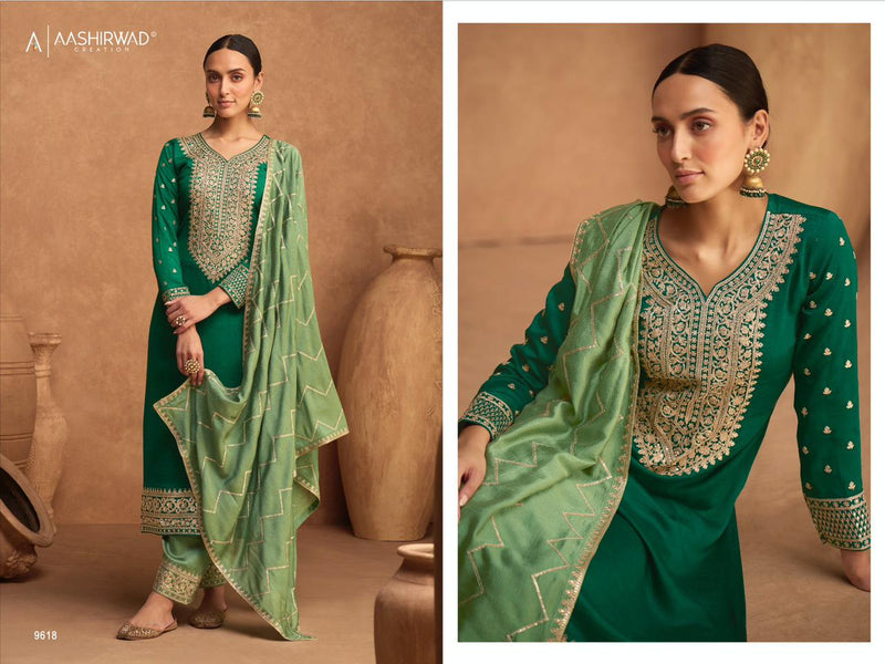 Aashirwad Creaton Kesariya Colors Silk Heavy Embroidery Work Fancy Partywear Salwar Kameez