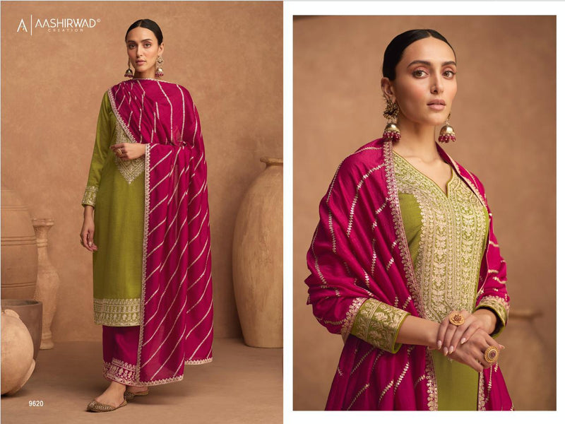 Aashirwad Creaton Kesariya Colors Silk Heavy Embroidery Work Fancy Partywear Salwar Kameez