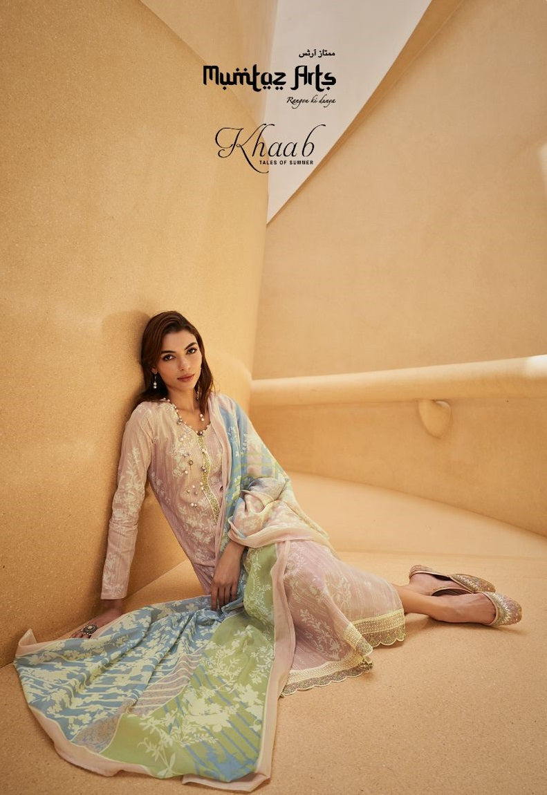 Mumtaz Arts Khaab Lawn Cotton Digital Ptinted Heavy Neck Daman Embroidery Fancy Partywear Salwar Suits