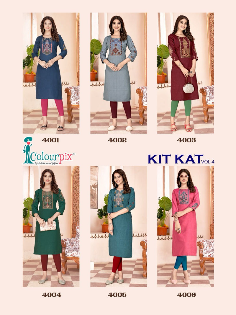 Colourpix Kit Kat Vol 4 Rayon Fancy Straight Embroidered Readymade Kurtis
