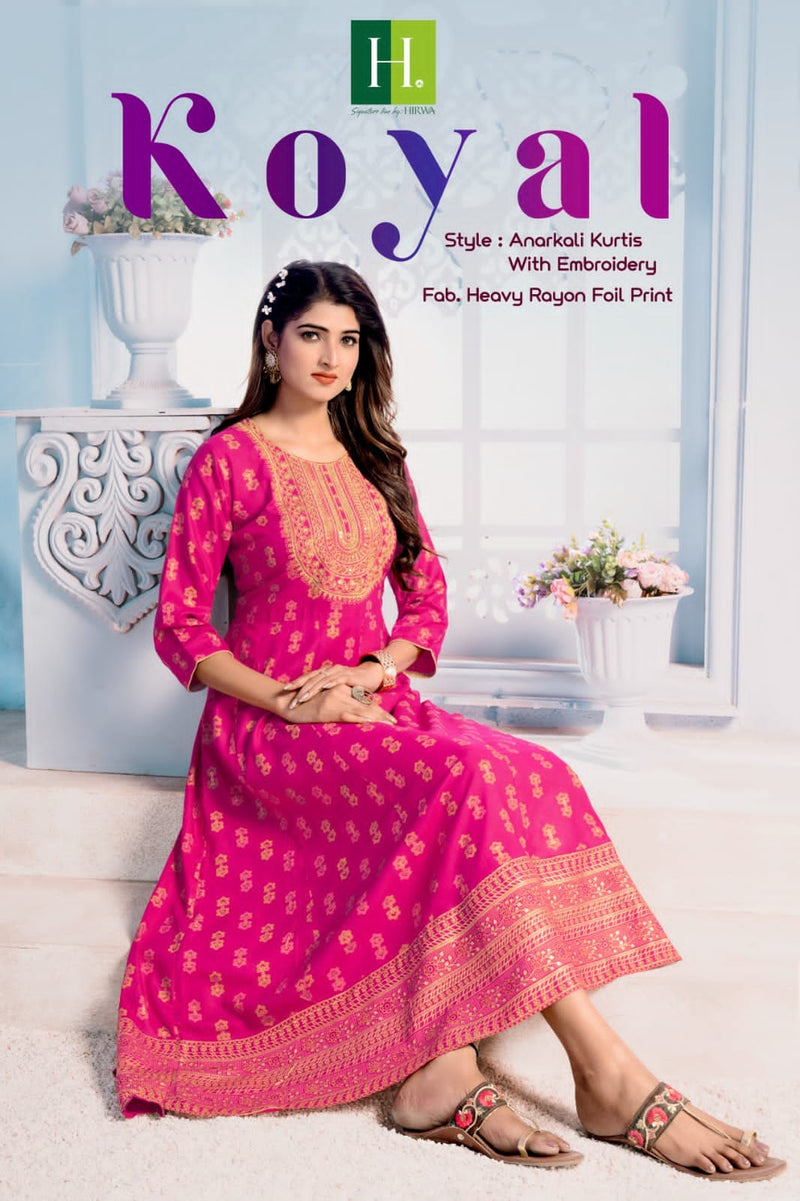 Hirwa Koyal Rayon Printed With Embroidery Long Gown Type Kurti Collection
