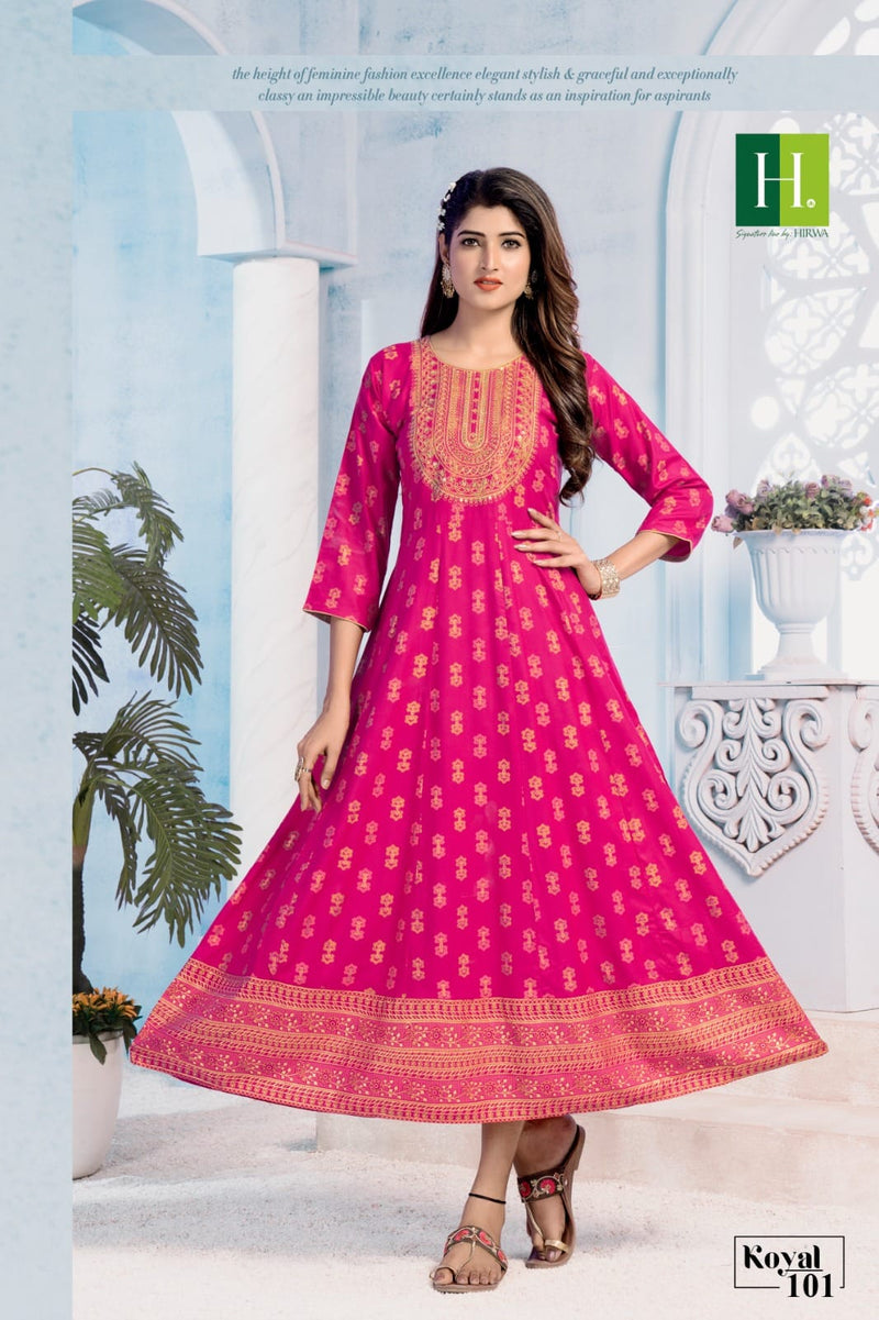 Hirwa Koyal Rayon Printed With Embroidery Long Gown Type Kurti Collection