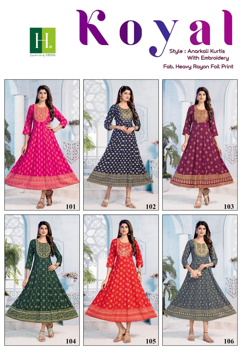 Hirwa Koyal Rayon Printed With Embroidery Long Gown Type Kurti Collection