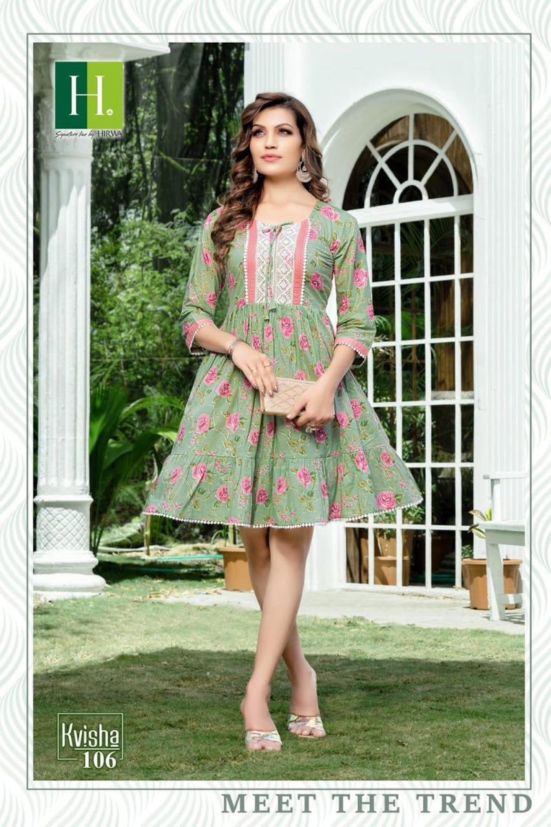 Hirwa Kvisha Cotton Jaipuri Prints Fancy Short Frock Style Kurtis