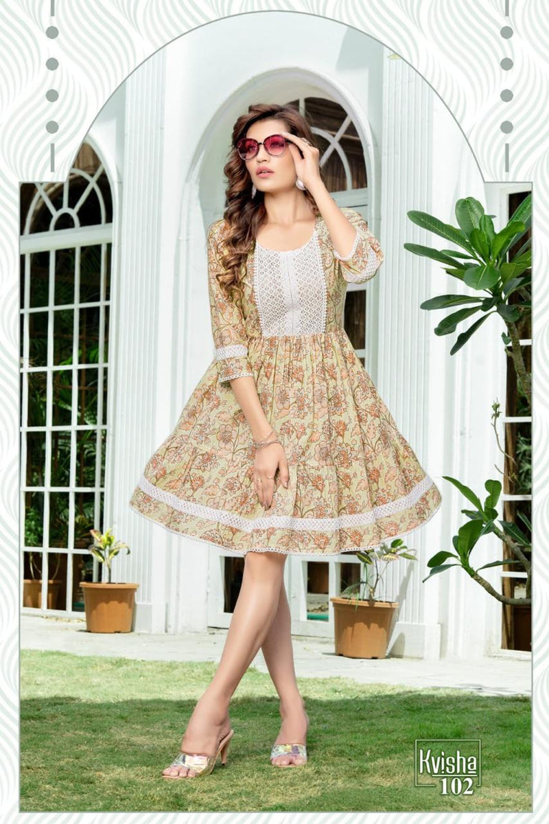 Hirwa Kvisha Cotton Jaipuri Prints Fancy Short Frock Style Kurtis