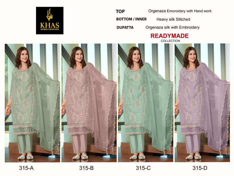 Khas Fashion D No 315 Organza Embroidery With Hand Work Salwar Suit