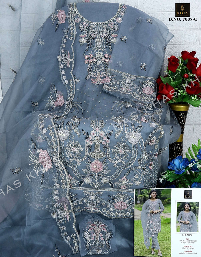 Khas Fashion D No 7007 Organza Embroidery With Hand Work Designer Salwar Suit