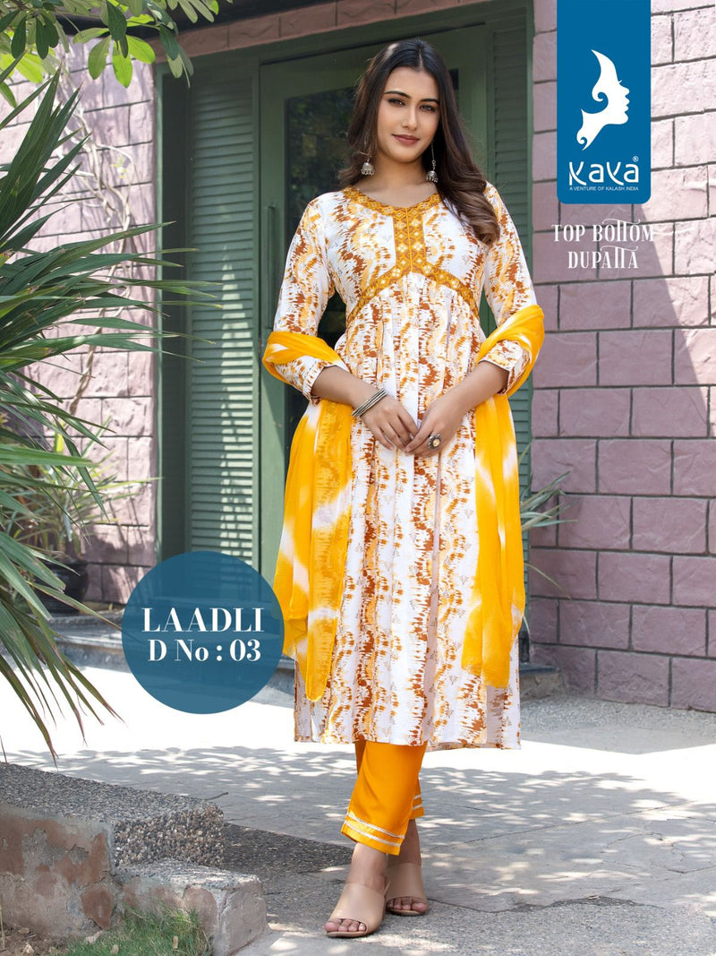 Kaya Laadli Rayon Printed Aaliya Cut Style Kurti With Bottom & Dupatta