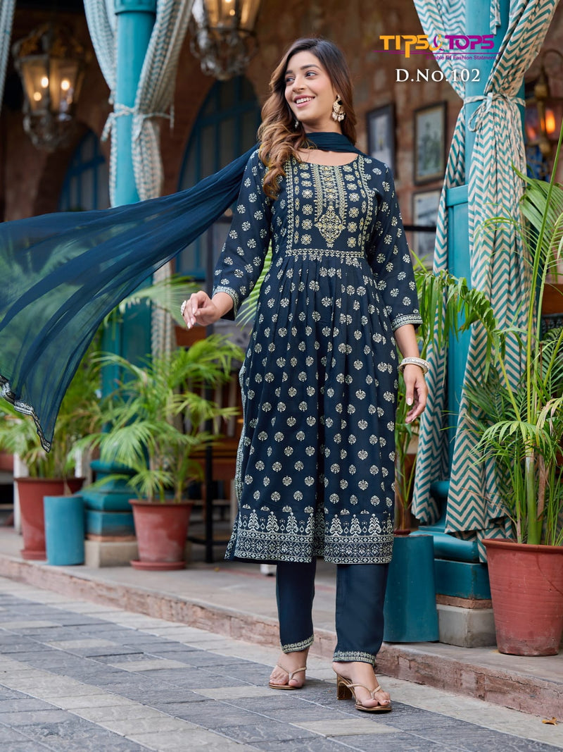Tips And Tops Label Rayon Slub Fancy Printed Kurti Combo Set