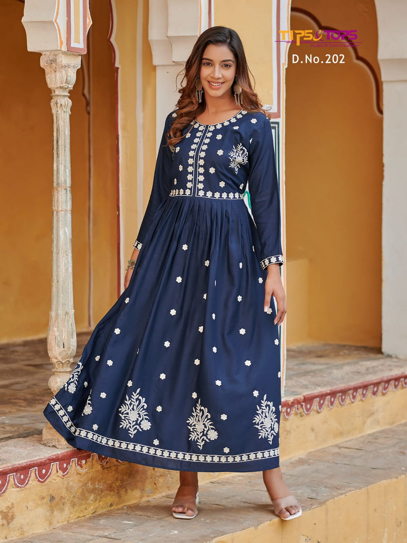 Tips And Tops Lakhnavi Vol 2 Rayon Thread Embroidery Work Gown Style Kurtis