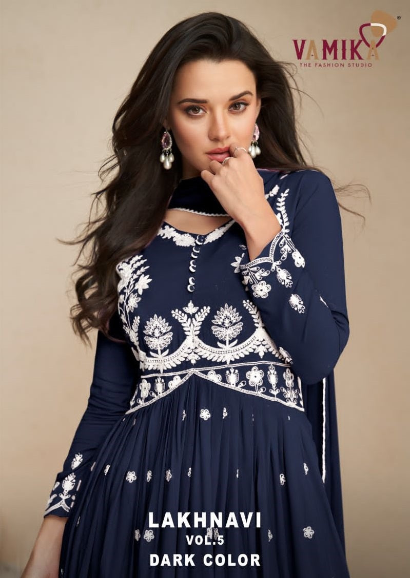 Vamika Lakhnavi Vol 5 Dark Color Rayon Thered Work Designer Aaliya Style Ready Made Suits