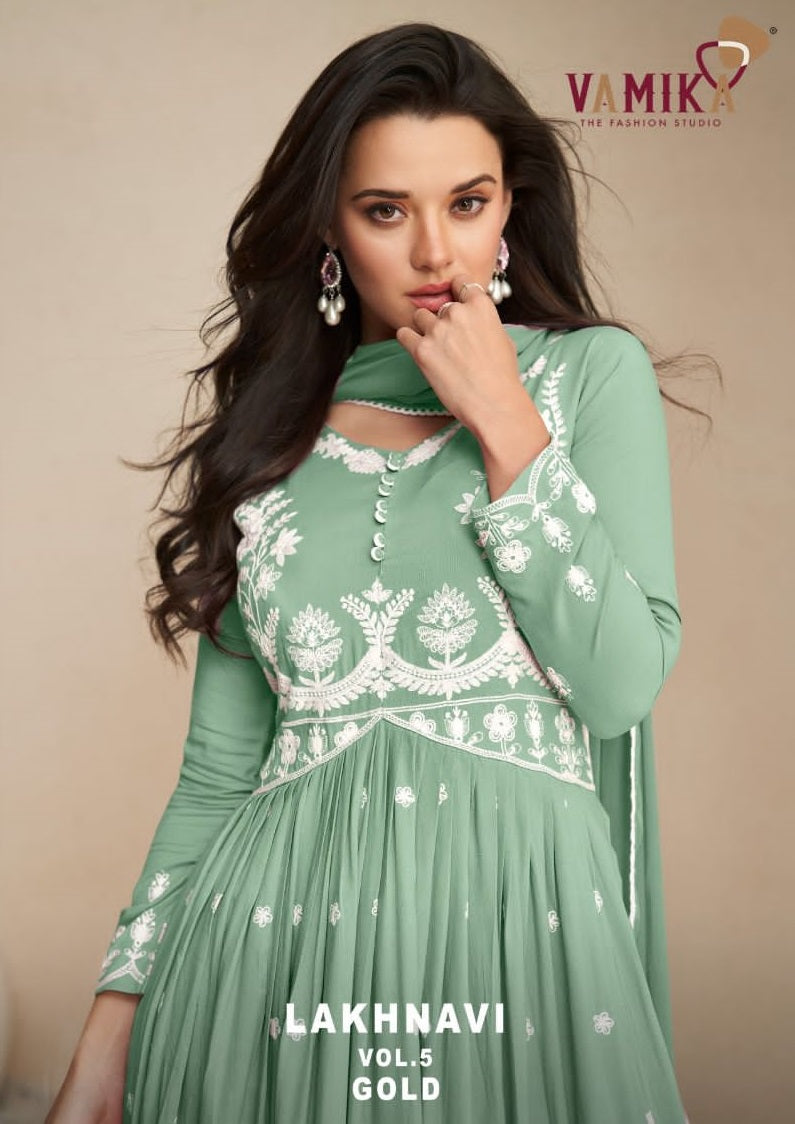 Vamika Lakhnavi Vol 5 Gold Rayon Beautiful Lakhnavi Designer Ready Made Suits