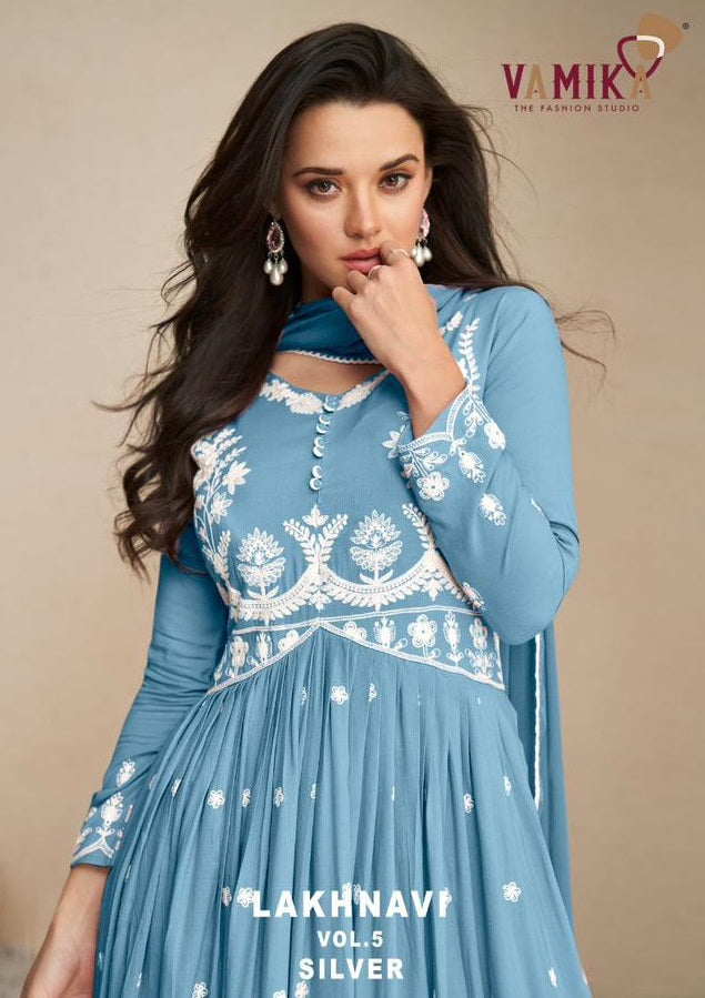 Vamika Lakhnavi Vol 5 Silver Rayon Beautiful Thered Work Designer Ready Made Suits
