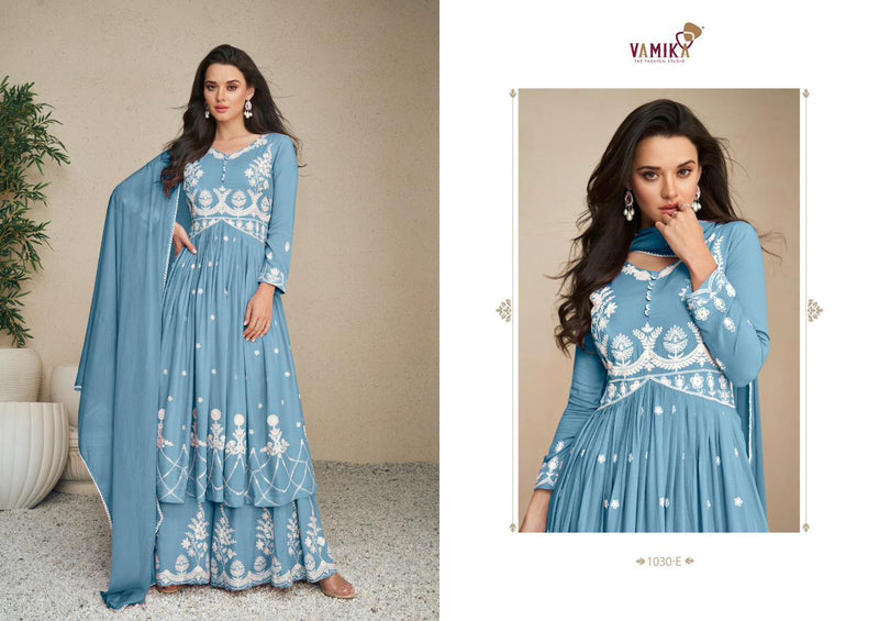 Vamika Lakhnavi Vol 5 Silver Rayon Beautiful Thered Work Designer Ready Made Suits