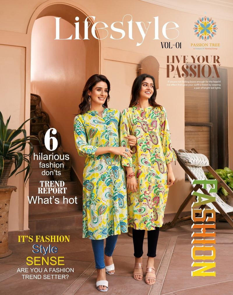 Passion Tree Life Style Vol 1 Printed Rayon Fancy A Line Pattern Kurtis