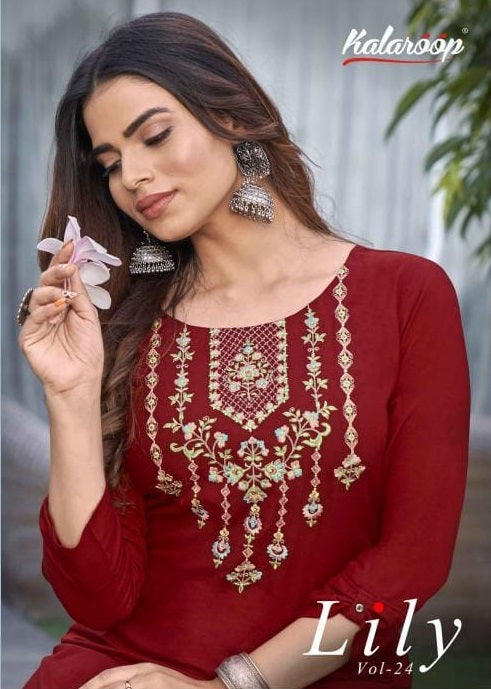 Kalaroop Kajree Fashion Lily Vol 24 Rayon Fancy Embroidery Work Kurtis