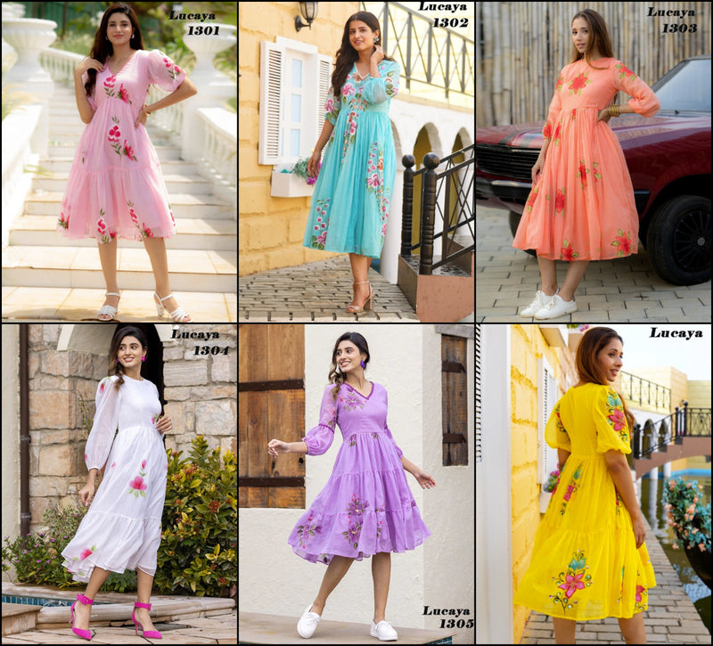 Lucaya Vol 13 Fancy Digital Printed Round Frill Gown Style Fancy Kurtis