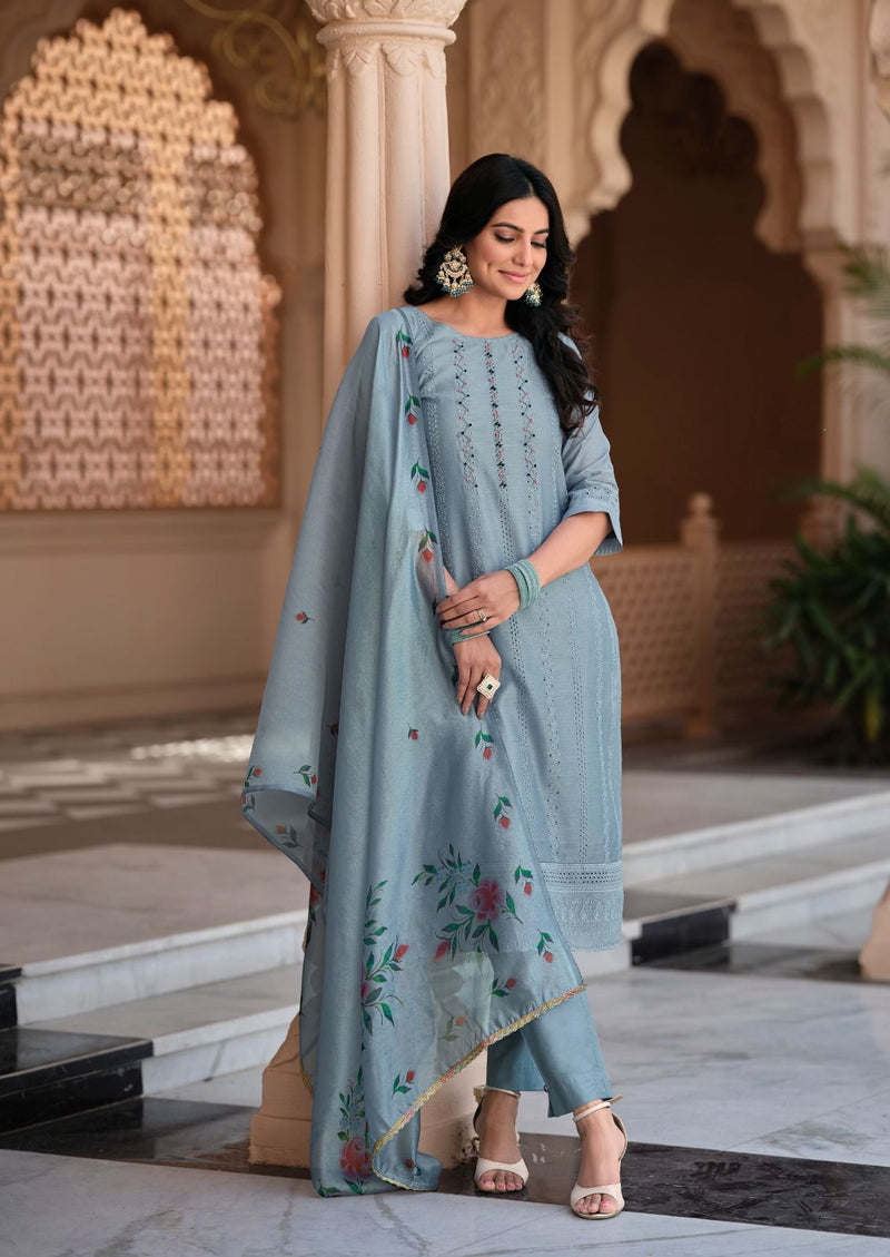 Lily And Lali Lucknowi Schiffli Work Handwork Chanderi Silk Fancy Partywear Kurti