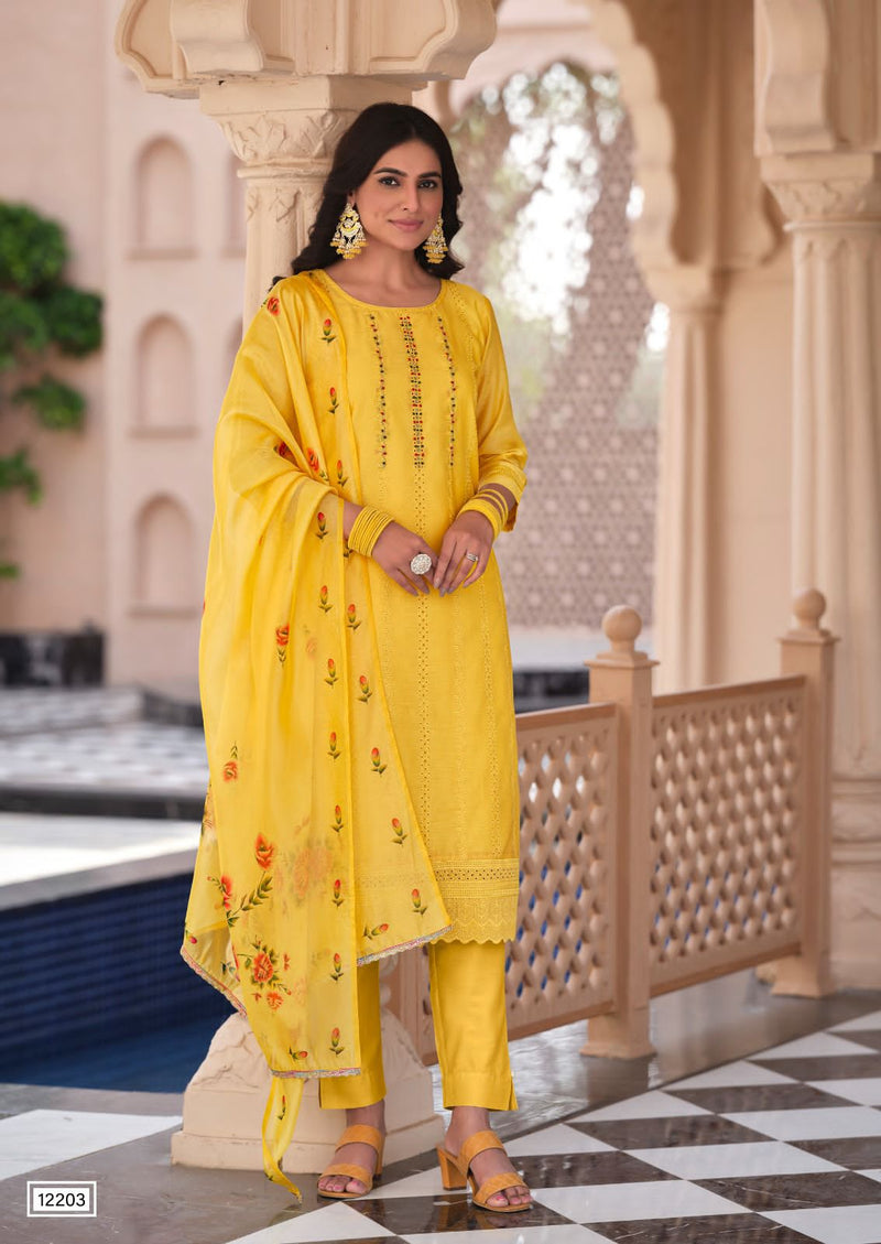 Lily And Lali Lucknowi Schiffli Work Handwork Chanderi Silk Fancy Partywear Kurti