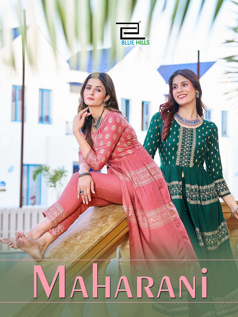 Blue Hills Maharani Rayon Foil Print Designer Center Cut Pattern Kurtis
