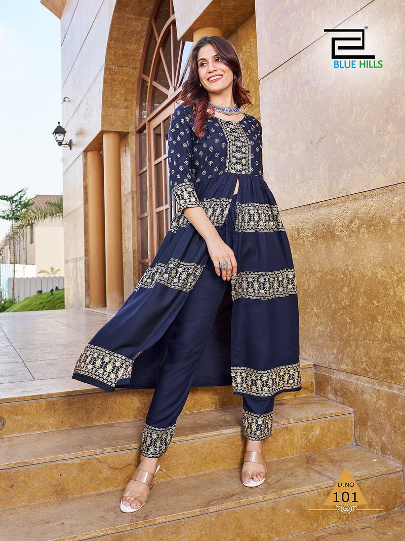 Blue Hills Maharani Rayon Foil Print Designer Center Cut Pattern Kurtis