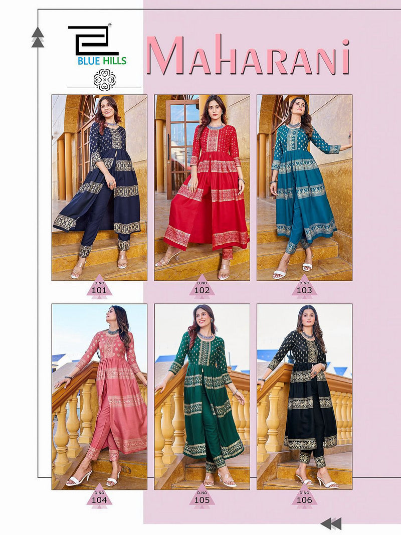 Blue Hills Maharani Rayon Foil Print Designer Center Cut Pattern Kurtis