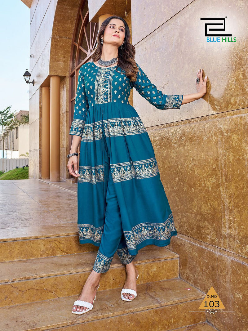 Blue Hills Maharani Rayon Foil Print Designer Center Cut Pattern Kurtis