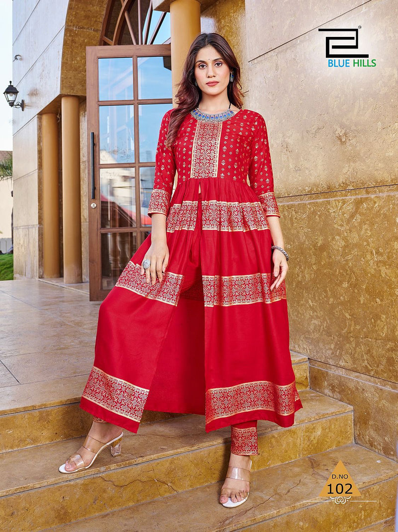 Blue Hills Maharani Rayon Foil Print Designer Center Cut Pattern Kurtis