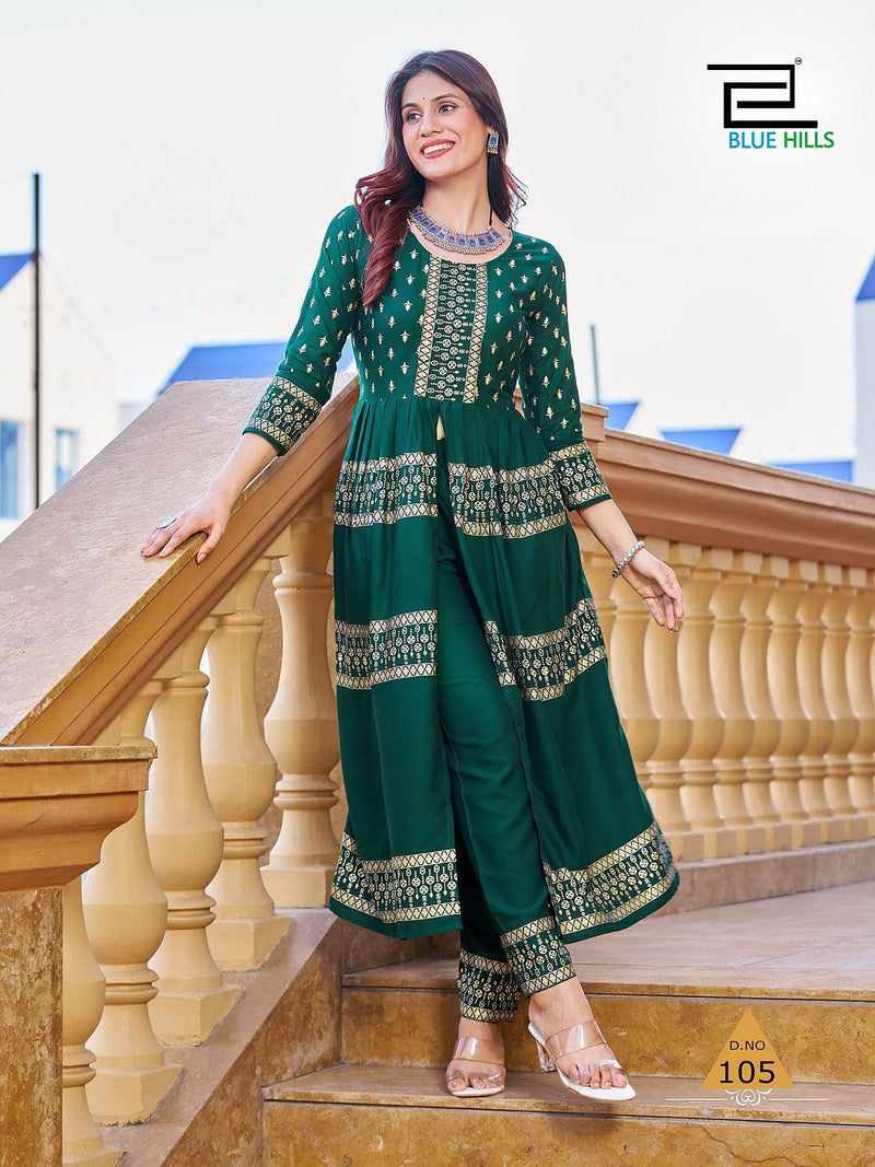 Blue Hills Maharani Rayon Foil Print Designer Center Cut Pattern Kurtis