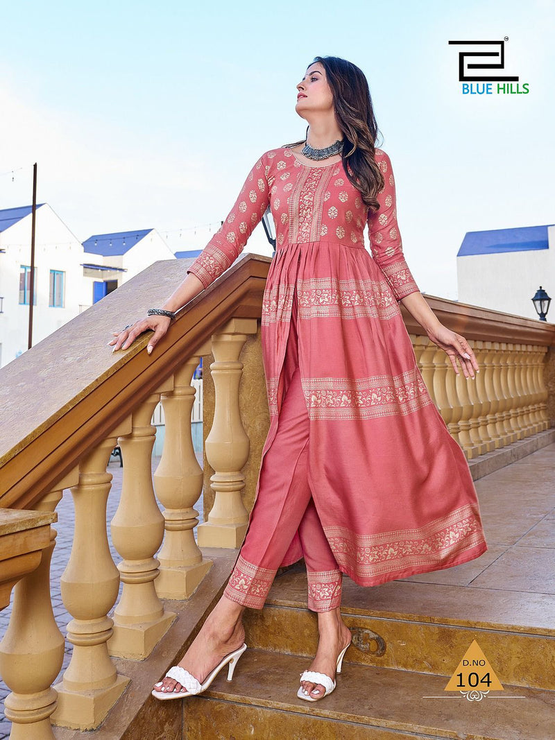 Blue Hills Maharani Rayon Foil Print Designer Center Cut Pattern Kurtis
