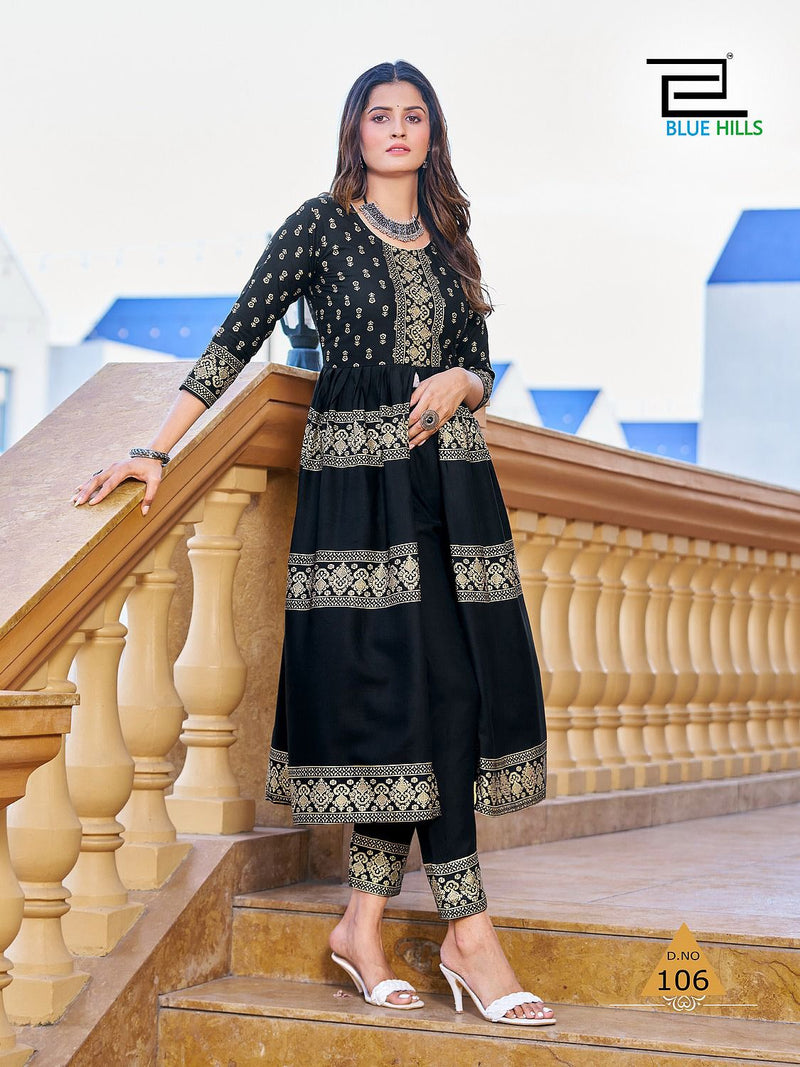Blue Hills Maharani Rayon Foil Print Designer Center Cut Pattern Kurtis