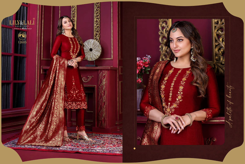 Lily And Lali Majestic Modish Vichitra Silk With Beautiful Embroidery Designer Ready Made Suits