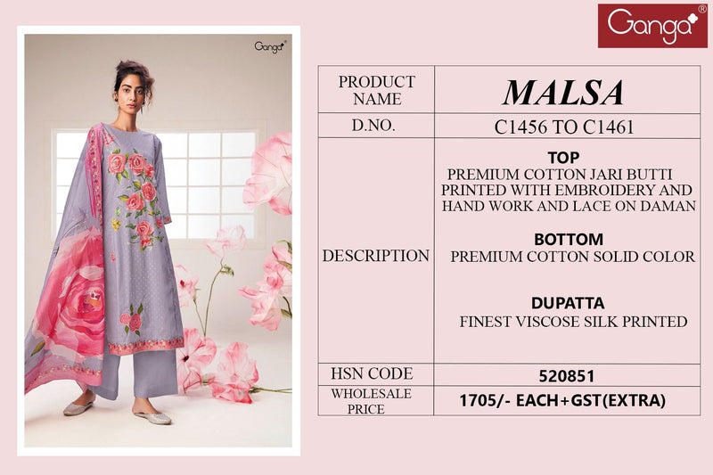 Ganga Malsa Cotton Jari Butti Printed With Embroidery Designer Salwar Suits