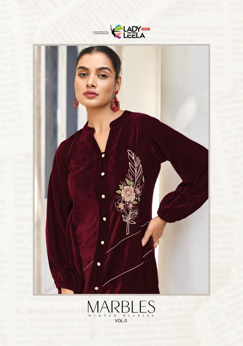 Lady Leela Marbles Vol 3 Velvet Fabric With Pure Handwork Stylish Kurti With Bottom