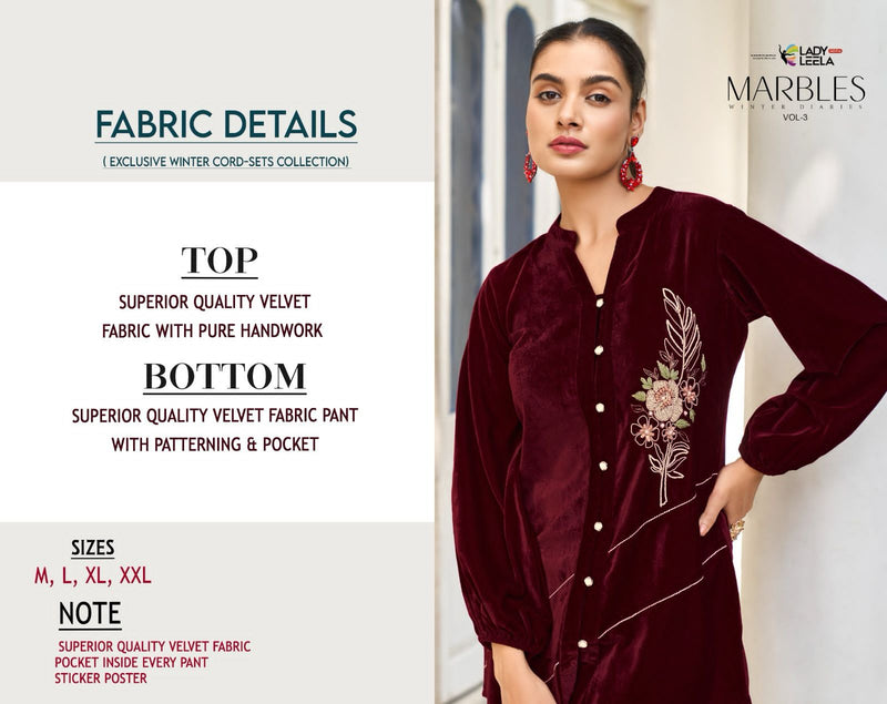 Lady Leela Marbles Vol 3 Velvet Fabric With Pure Handwork Stylish Kurti With Bottom