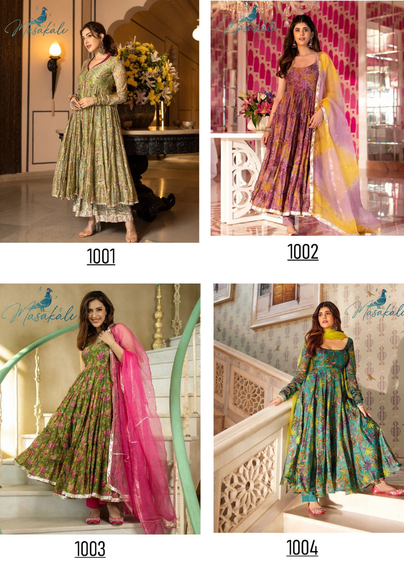 Mf Masakali Vol 1 Chanderi Silk Printed Stylish Flaired Kurti With Bottom & Dupatta