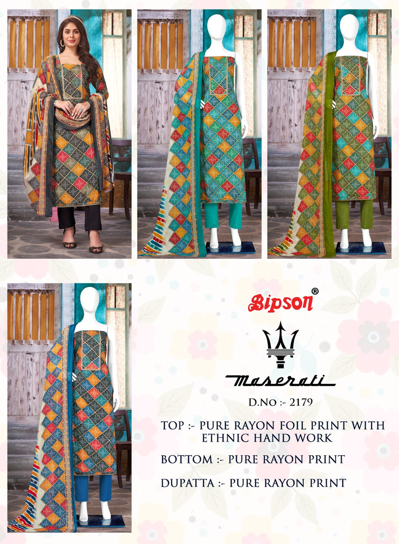 Bipson Fashion Maserati 2179 Rayon Foil Prints With Fancy Hand Work Unstitch Suits