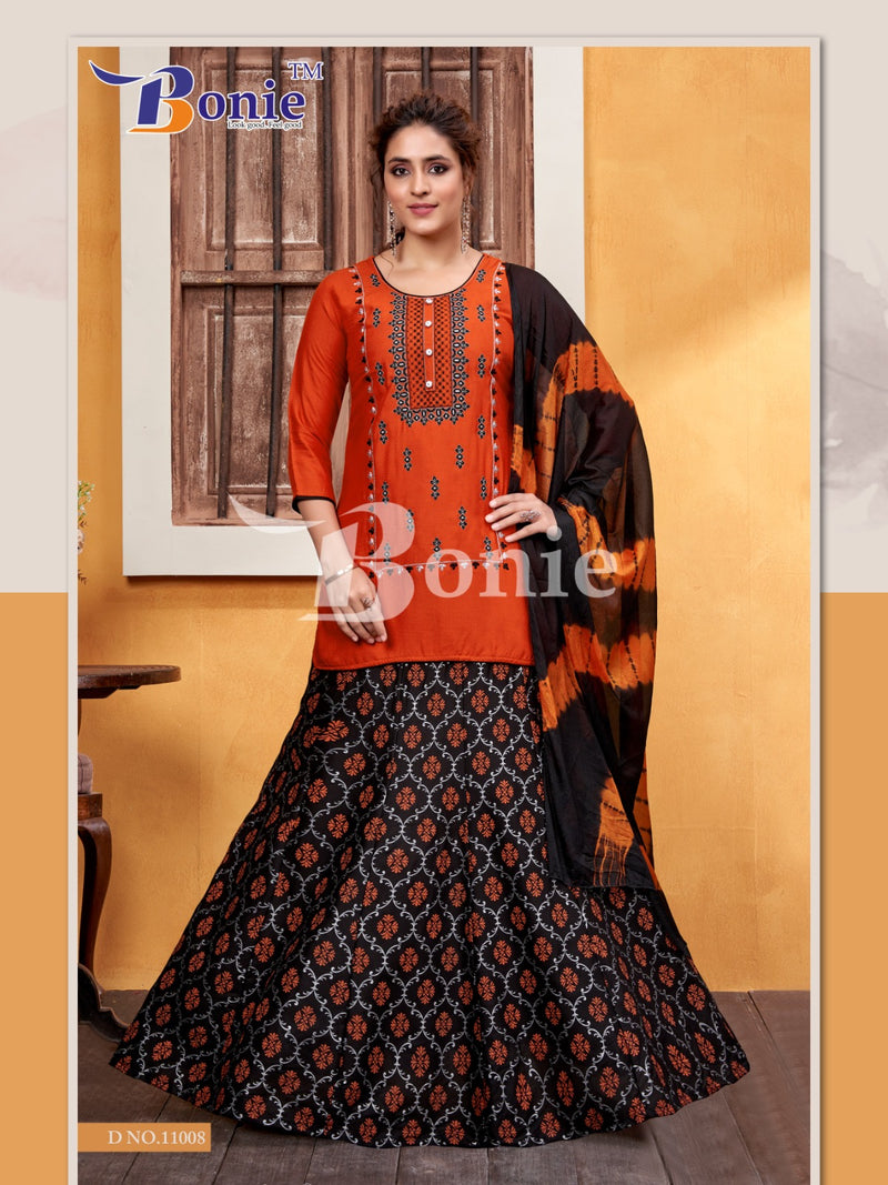 Bonie Meera Vol 11 Rayon Embroidery Work Kurti With Skirt & Dupatta