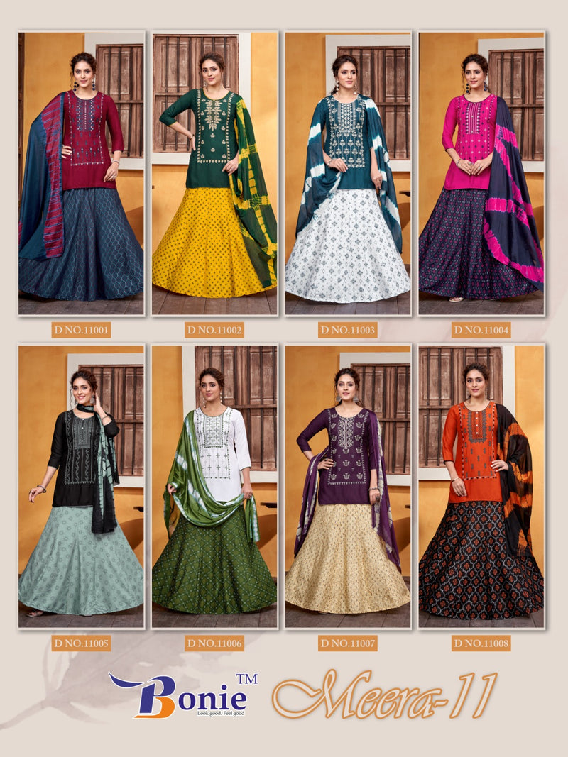 Bonie Meera Vol 11 Rayon Embroidery Work Kurti With Skirt & Dupatta