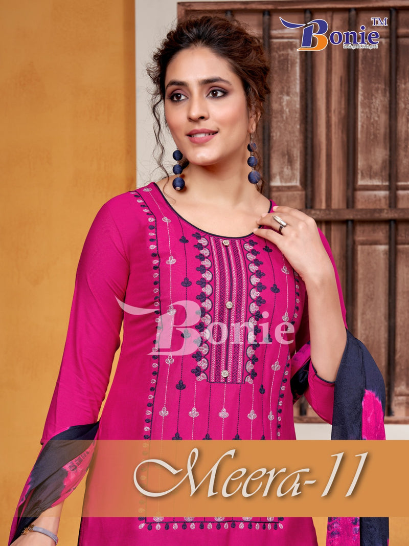 Bonie Meera Vol 11 Rayon Embroidery Work Kurti With Skirt & Dupatta