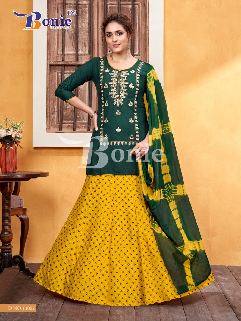 Bonie Meera Vol 11 Rayon Embroidery Work Kurti With Skirt & Dupatta