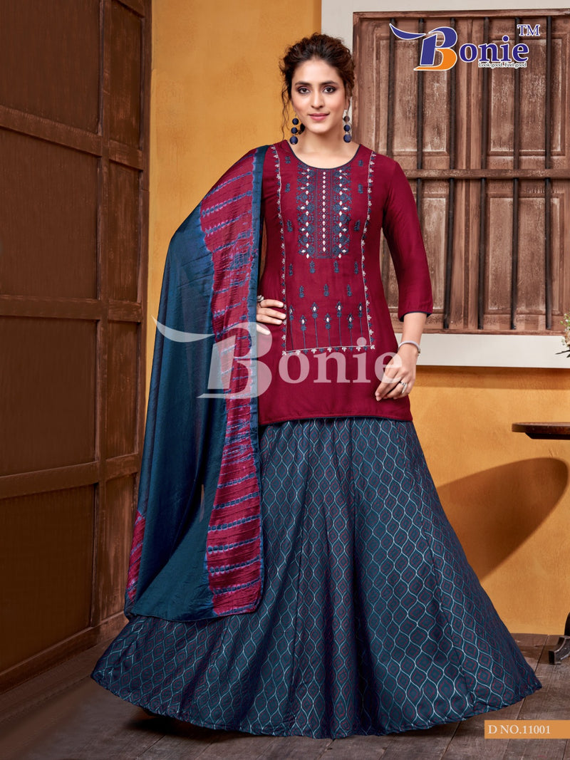 Bonie Meera Vol 11 Rayon Embroidery Work Kurti With Skirt & Dupatta