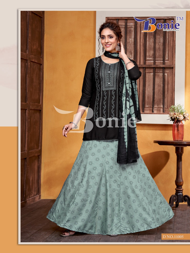Bonie Meera Vol 11 Rayon Embroidery Work Kurti With Skirt & Dupatta