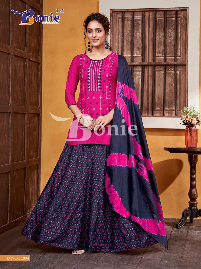 Bonie Meera Vol 11 Rayon Embroidery Work Kurti With Skirt & Dupatta