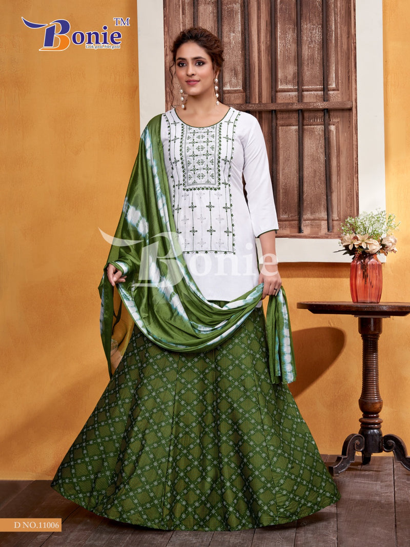 Bonie Meera Vol 11 Rayon Embroidery Work Kurti With Skirt & Dupatta