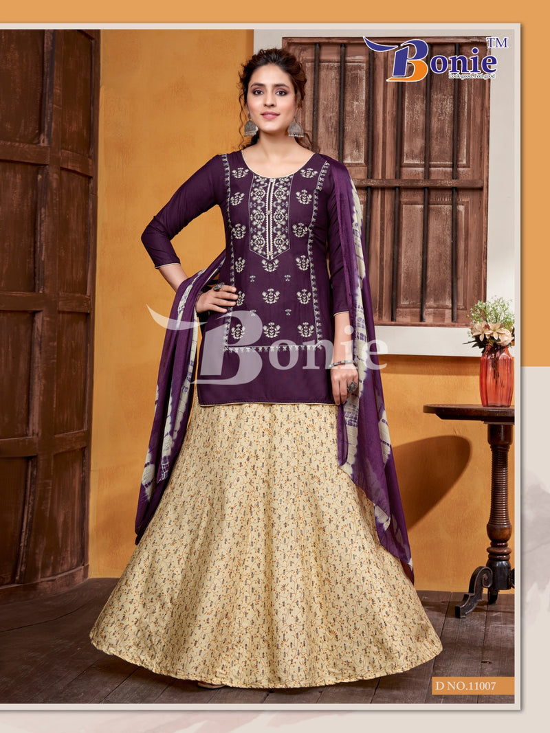 Bonie Meera Vol 11 Rayon Embroidery Work Kurti With Skirt & Dupatta