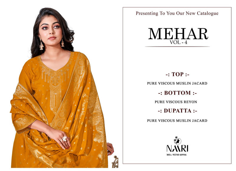 Naari Mehar Vol 4 Muslin Jacquard Fancy Embroidery Designer Salwar Suits