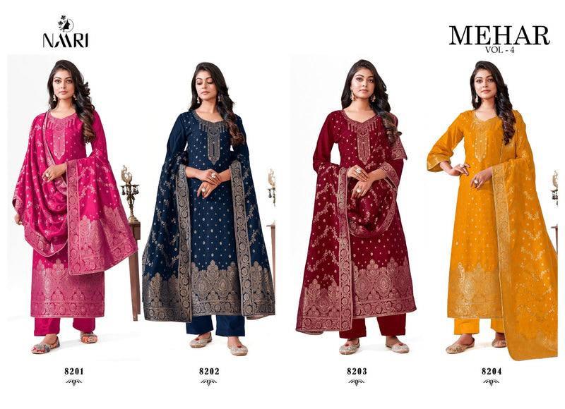 Naari Mehar Vol 4 Muslin Jacquard Fancy Embroidery Designer Salwar Suits